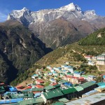 View down to Namche with Kongde Ri peak in the background