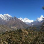 Another view of Taboche Peak (left) from the Everest View Hotel, with Khumjung Village (below) and Mount Everest (middle) and Ama Dablam (right) in the background.